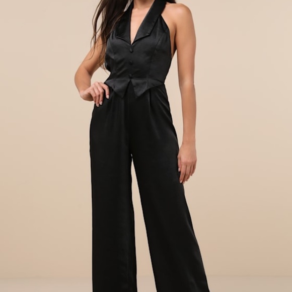 Lulus Sensationally Sophisticated Black Satin Halter Vest Jumpsuit - Size M - Picture 1 of 1